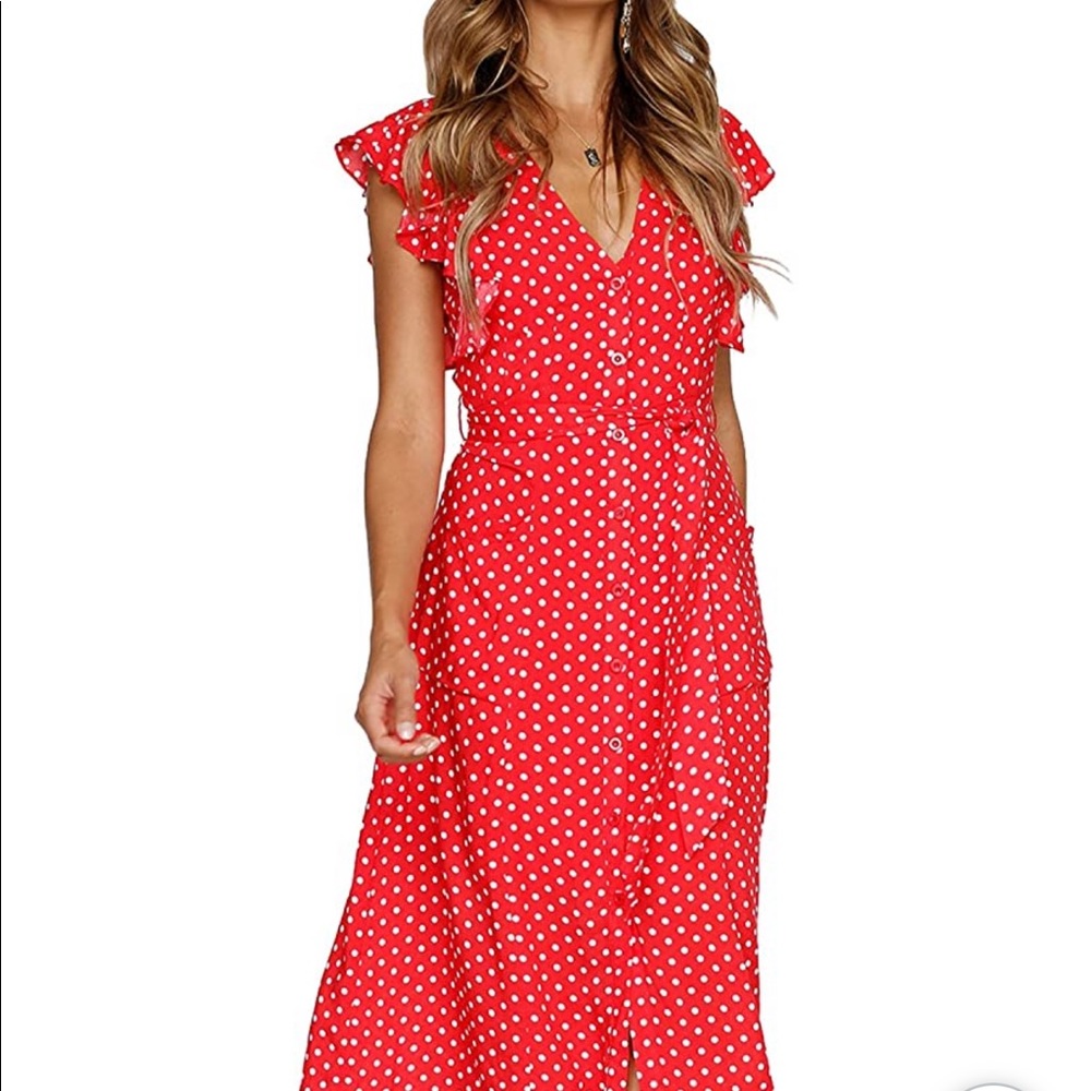 Boho Polka Dot V Neck Swing Midi  with Pockets